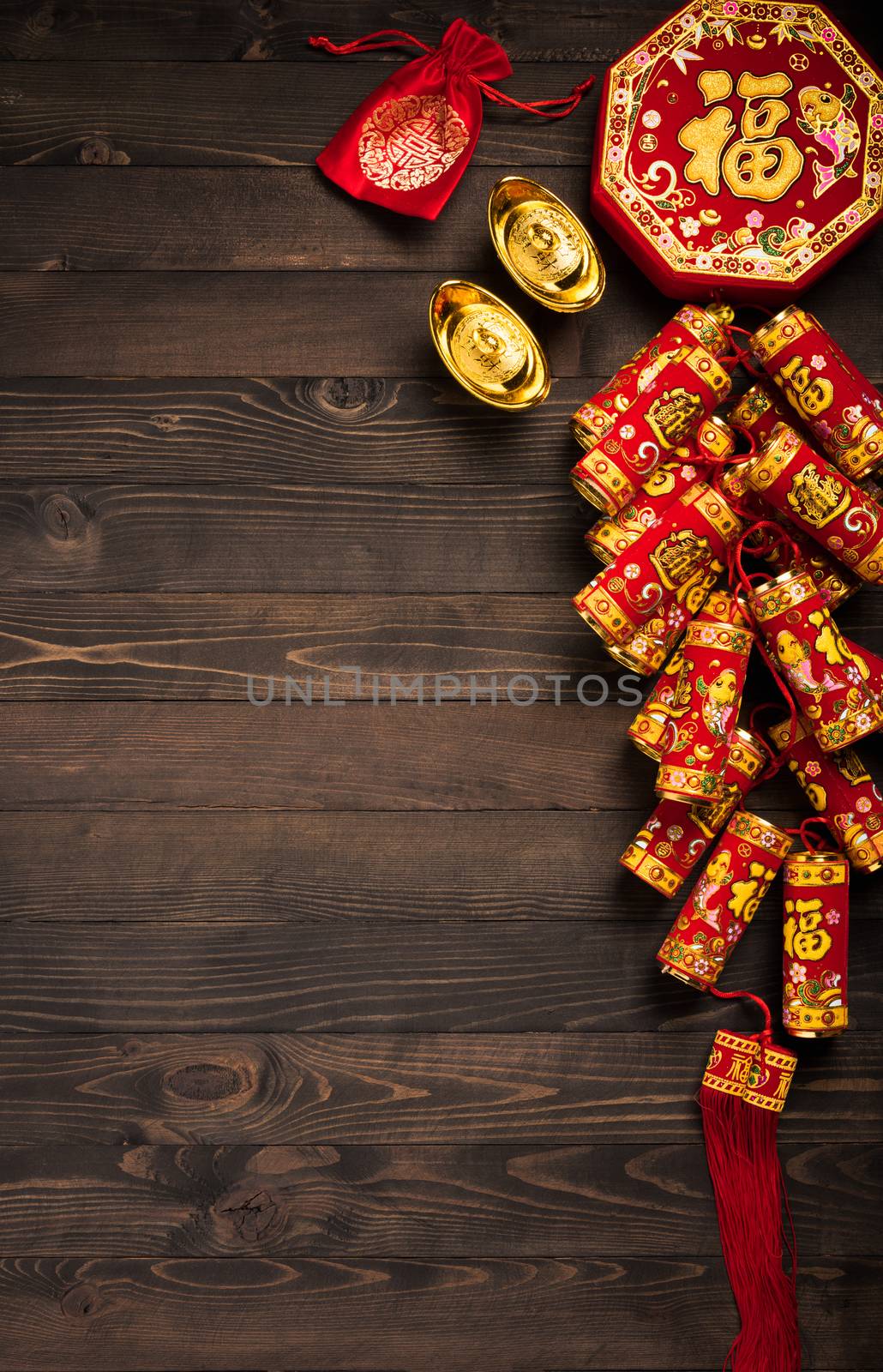 Chinese new year 2021 festival, Top view flat lay lunar new year or Happy Chinese new year decorations celebration with copy space on the wood background (Chinese character "fu" meaning fortune)