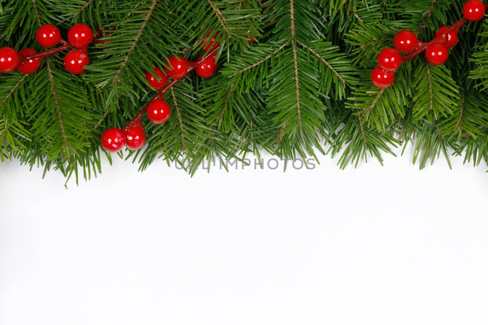 Fir Christmas tree branches and holly berries isolated on white background flat lay top view mock-up