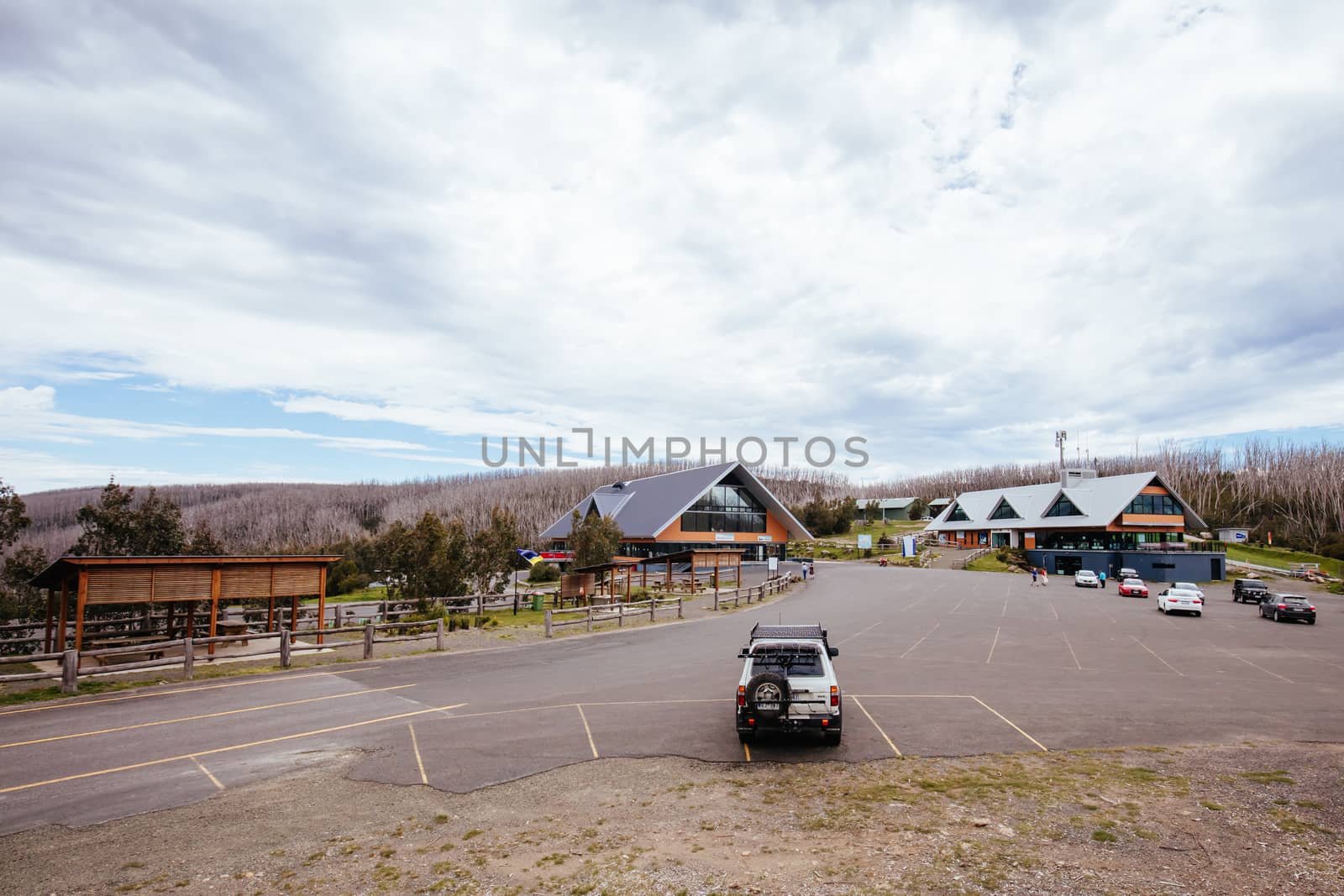 Lake Mountain, Australia - November 15, 2020: Lake Mountain resort buildings and infrastructure during summer in Victoria, Australia