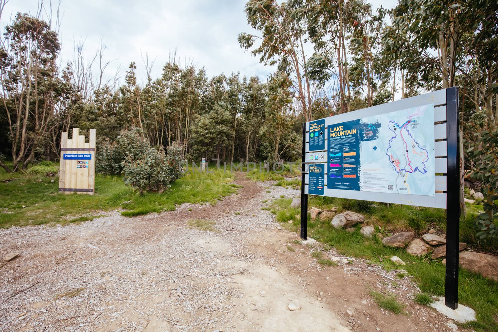 Lake Mountain, Australia - November 15, 2020: The popular Lake Mountain bike park with Cascades Trail near Marysville in Victoria, Australia