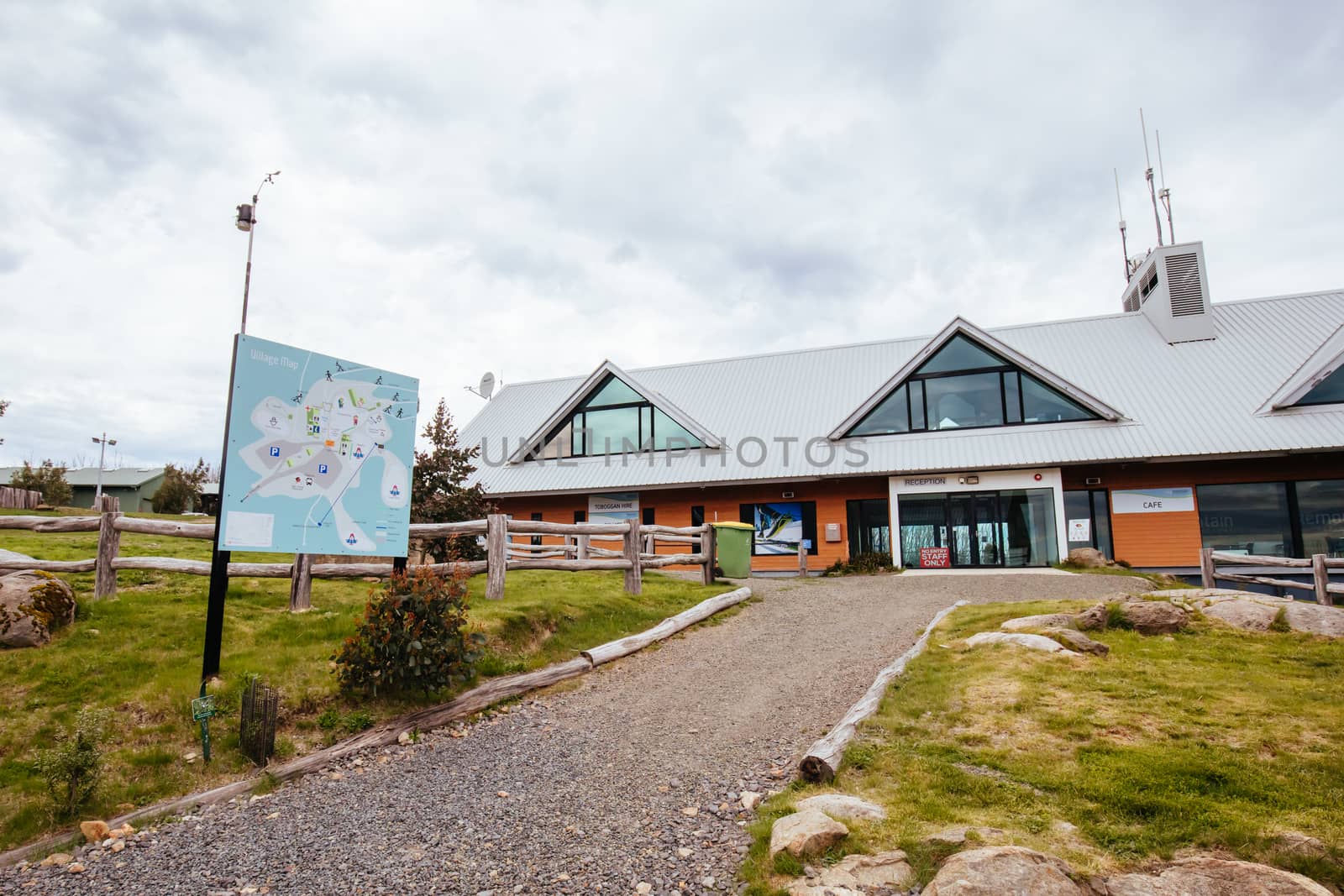Lake Mountain, Australia - November 15, 2020: Lake Mountain resort buildings and infrastructure during summer in Victoria, Australia