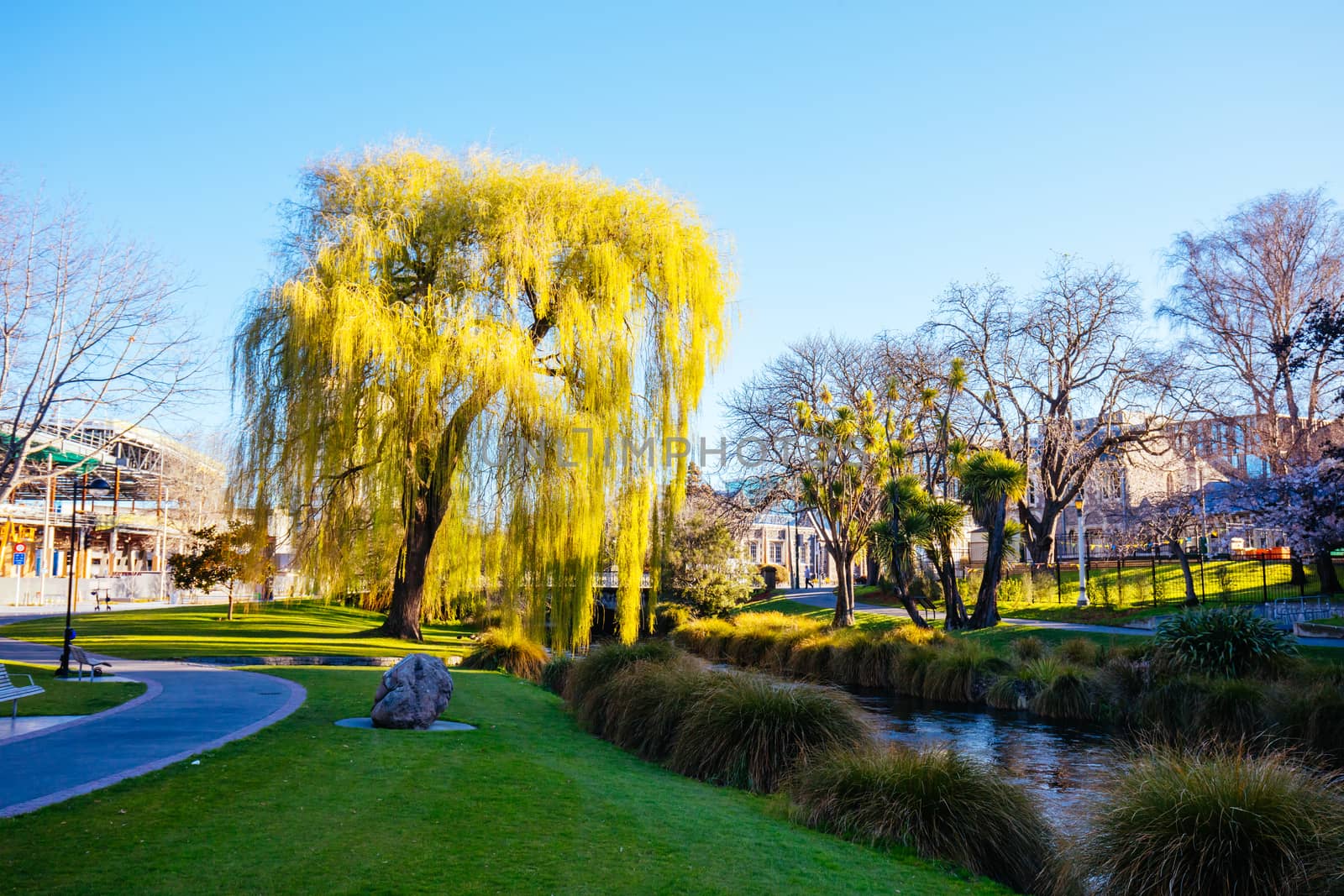Landscape around the River Avon and Victoria Square in Christchurch on a warm spring day in New Zealand
