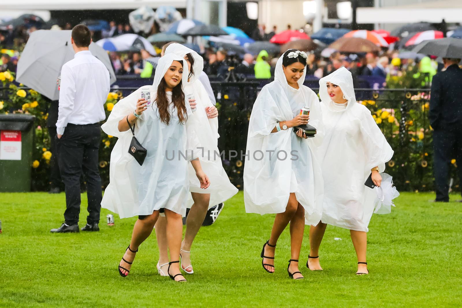 MELBOURNE, AUSTRALIA - NOVEMBER 2: Drunk punters at the end of Derby Day at the 2019 Melbourne Cup Carnival at Flemington Racecourse in Melbourne Australia