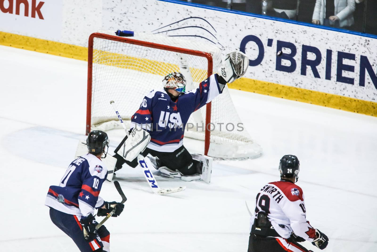 MELBOURNE, AUSTRALIA - JUNE 21: Max Strang of USA stops a shot in the 2019 Ice Hockey Classic in Melbourne, Australia