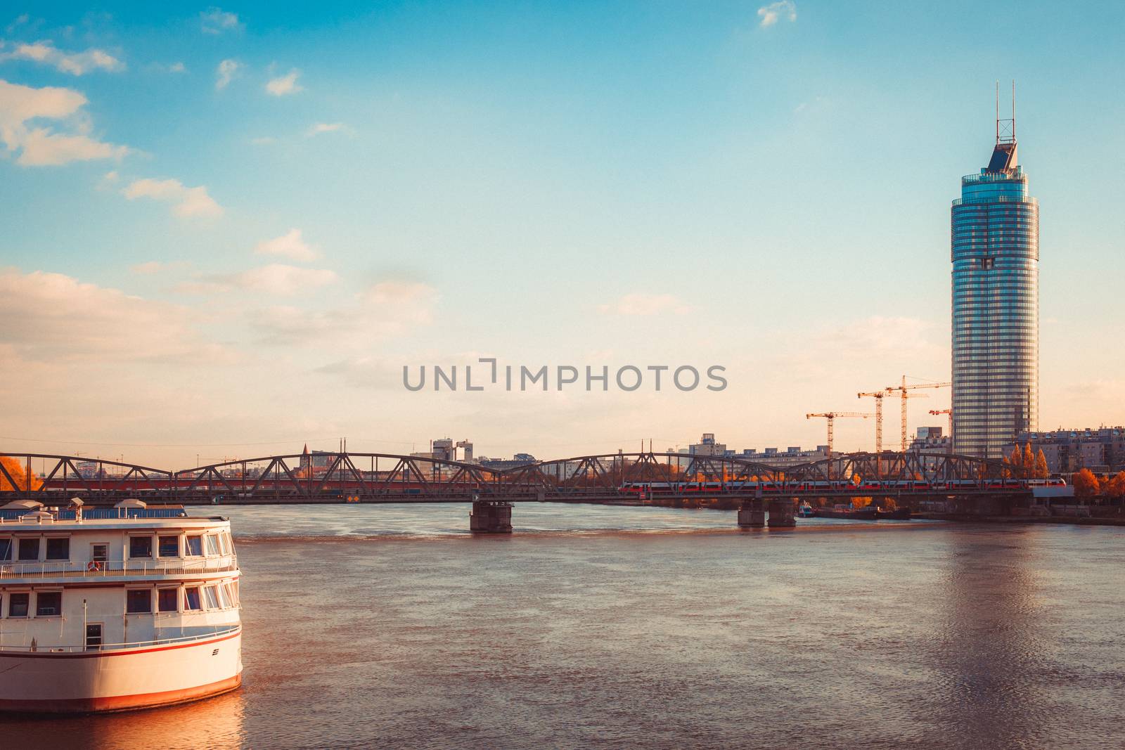 View of Vienna from the bridge on the river Danube.
