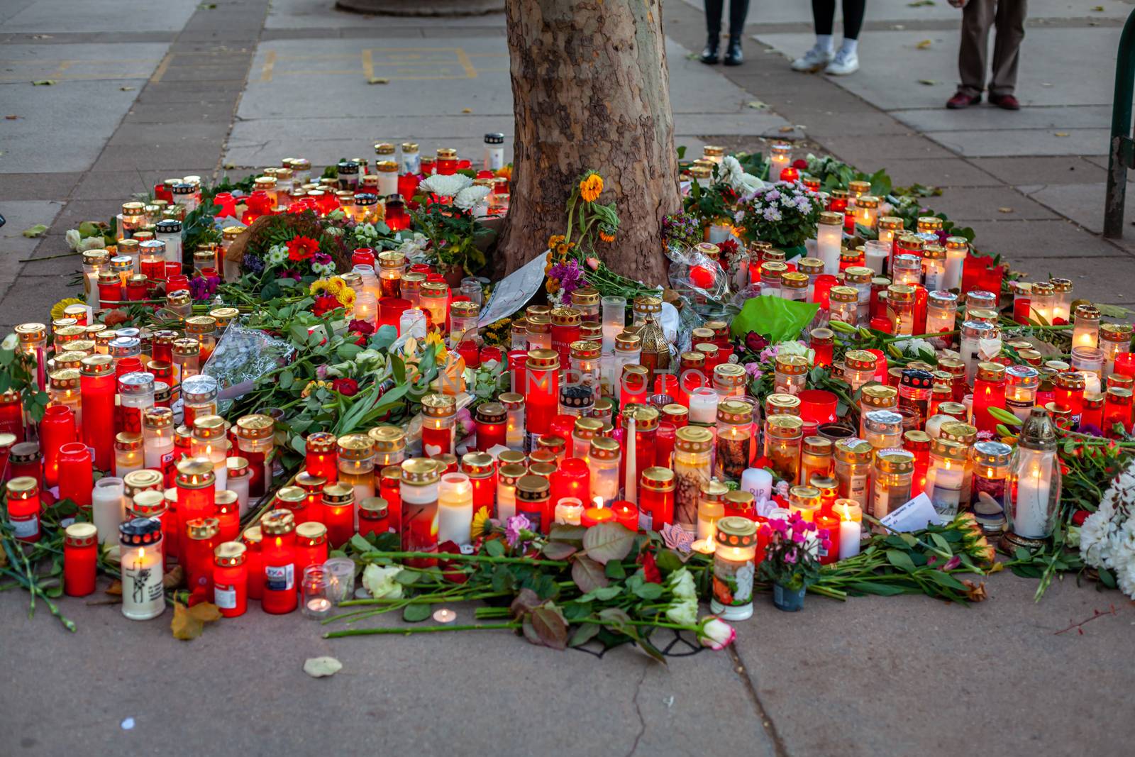 Vienna, Austria - 11.05.2020: Candles and flowers at the site of the November terrorist attack in Vienna.
