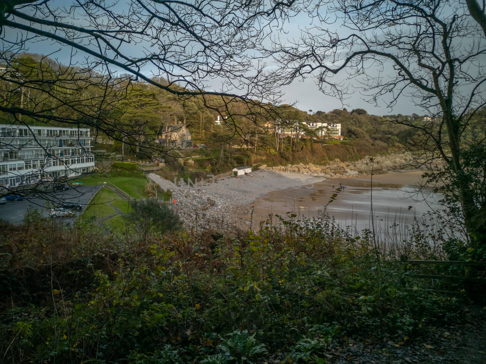 Looking down on Caswell Bay Beach from the Gower Coastal Path in late Autumn. Trees without leaves and rich colours. by WCLUK