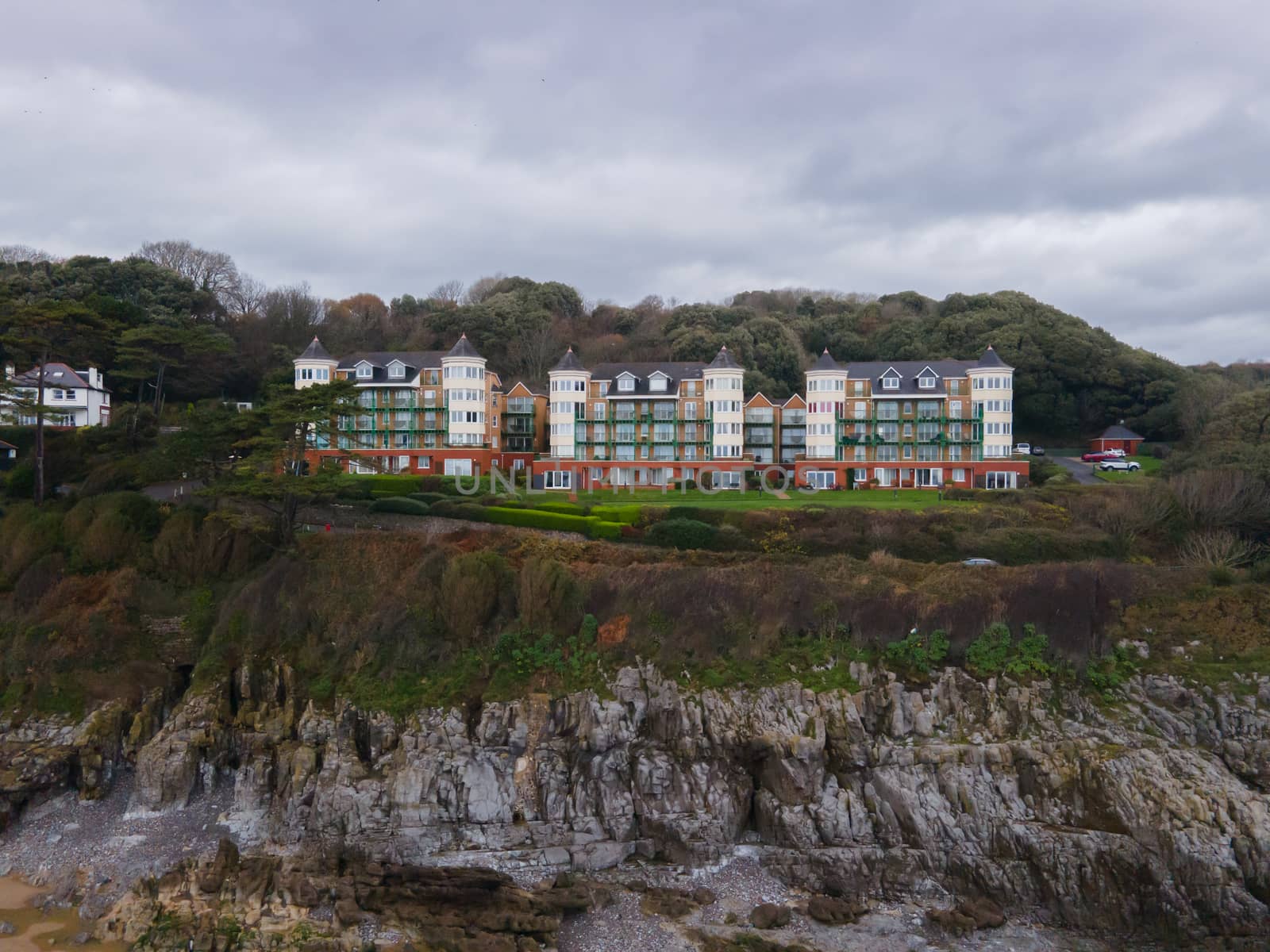 Luxury Apartments Sat Above The Cliffs Of Caswell Bay, Gower, Wales Uk. Stunning Coastal Views on a cloudy day.