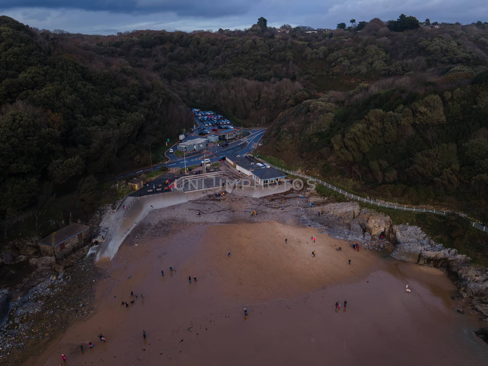 An Ariel View Of Caswell Bay Beach, Gower, Wales, UK At Night In Winter. A popular coastal destination in the cold months. by WCLUK