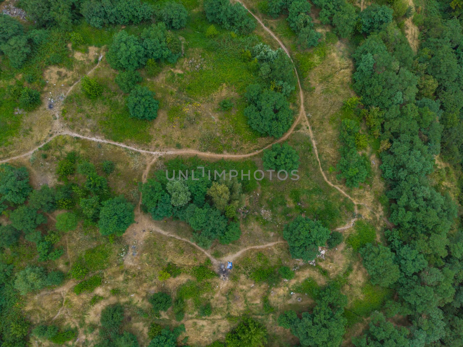 Top down aerial look to paths in park on hill