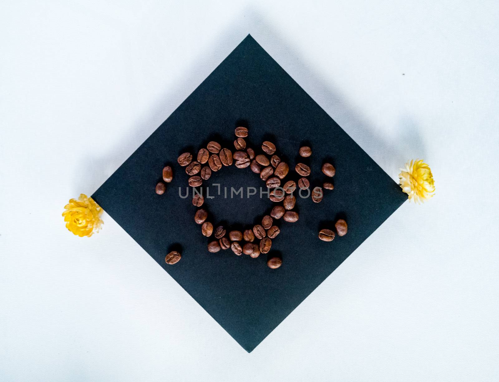 Circle of coffee on square paper card with flowers at corners by Wierzchu