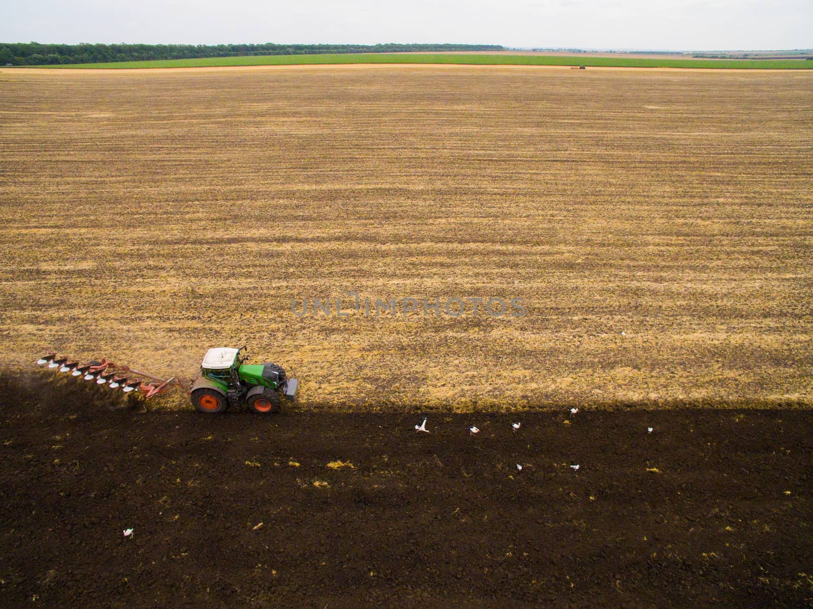 Harvesting in the field. Aerial view. Land cultivation with a tractor by TrEKone