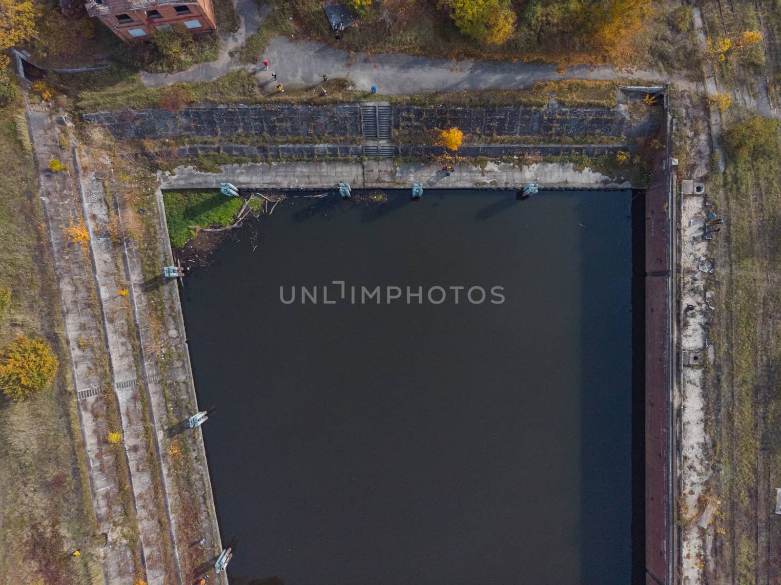 Aerial drone top down view to city port