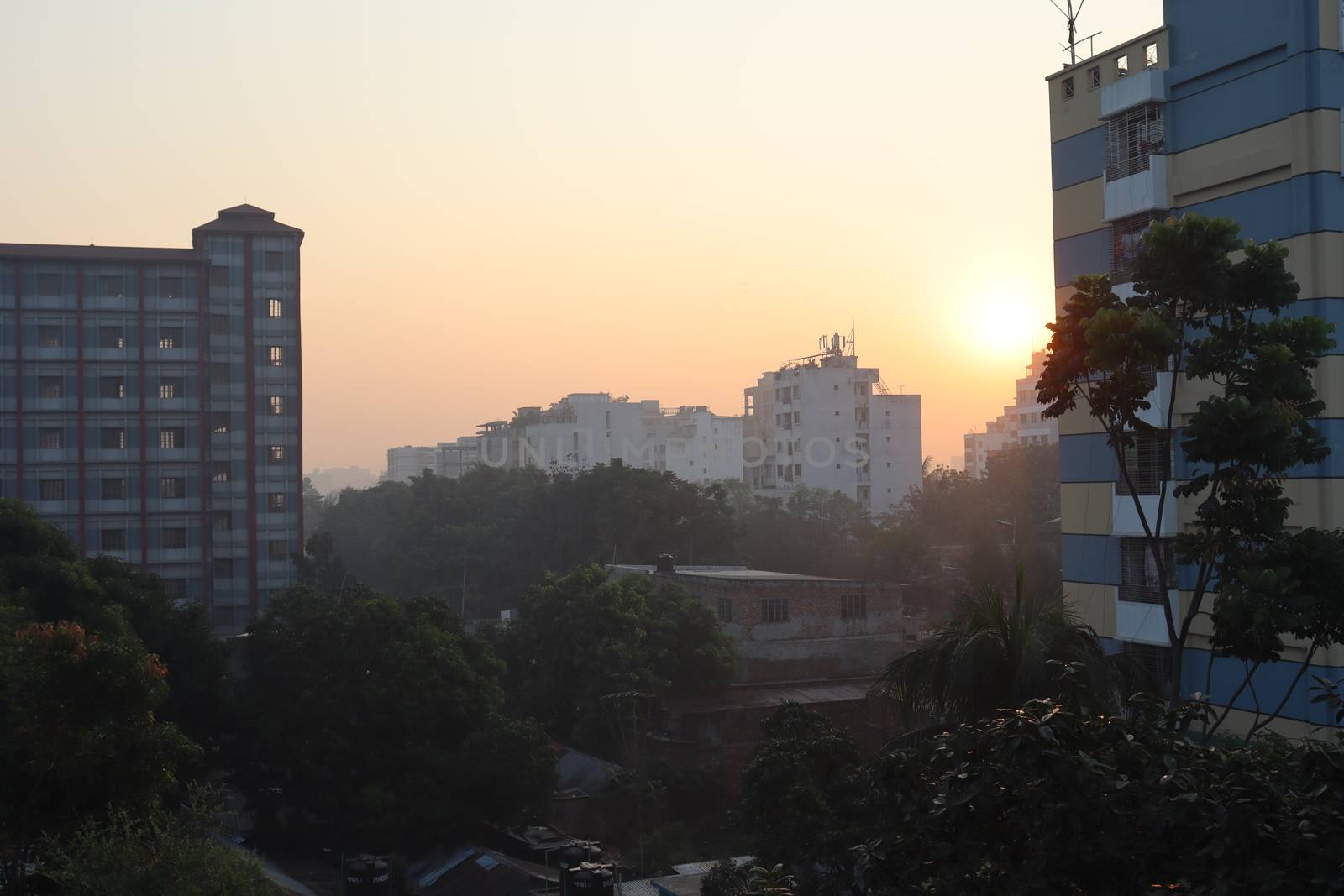 sunset on sky with city view