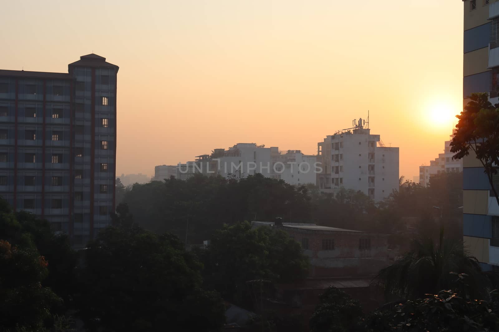 sunset on sky with city view