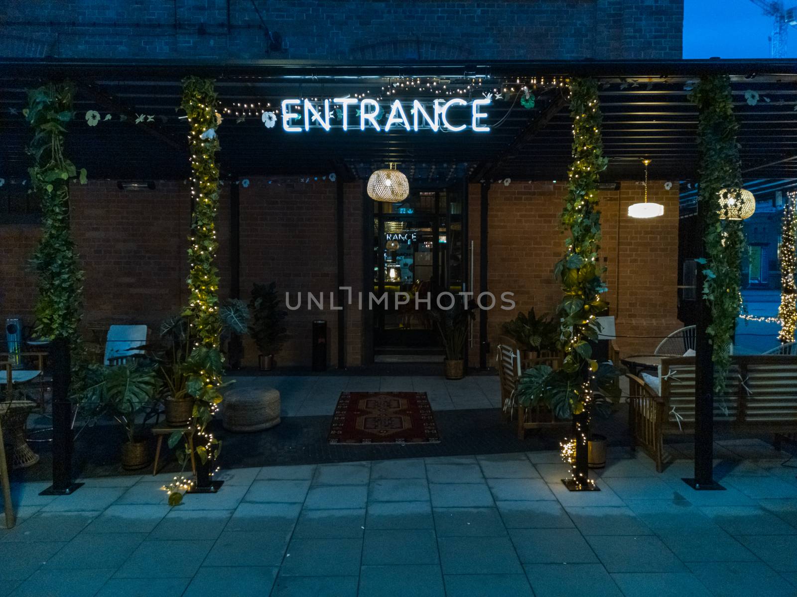 Glowing Entrance neon with christmas lights and decorations around