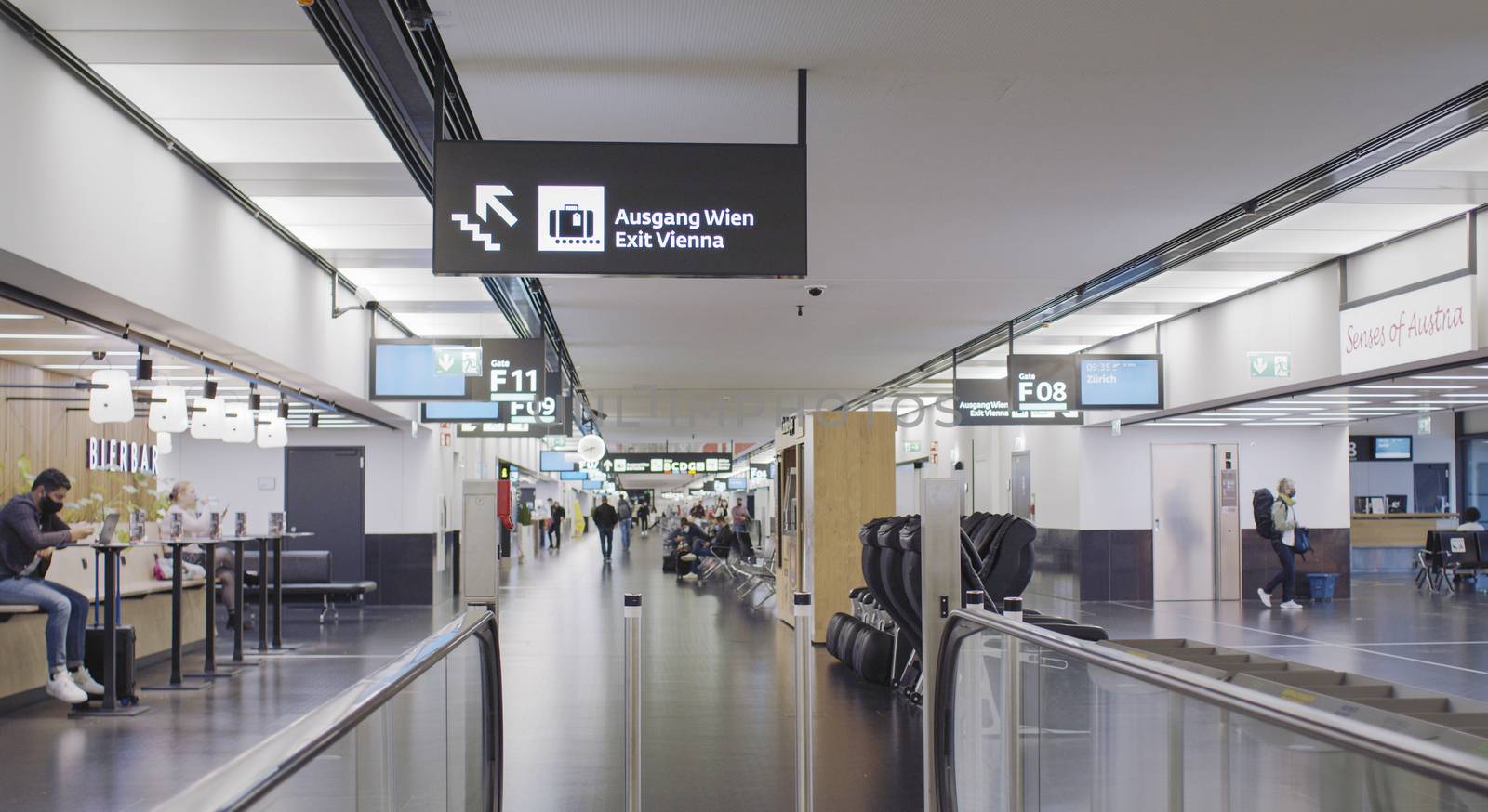 Vienna, Vienna/Austria - November 2nd 2020: Vienna Airport almost empty compared to previous years. Endless corridors with only a few people around.