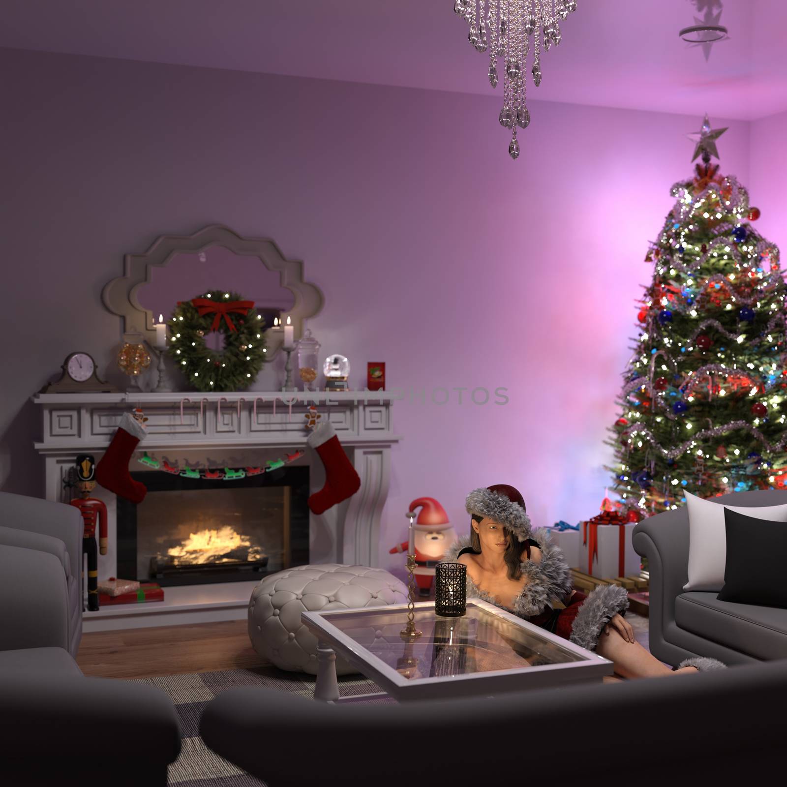 Beautiful young woman lying near the Christmas tree. Beautiful girl celebrates Christmas over the living room - 3d rendering