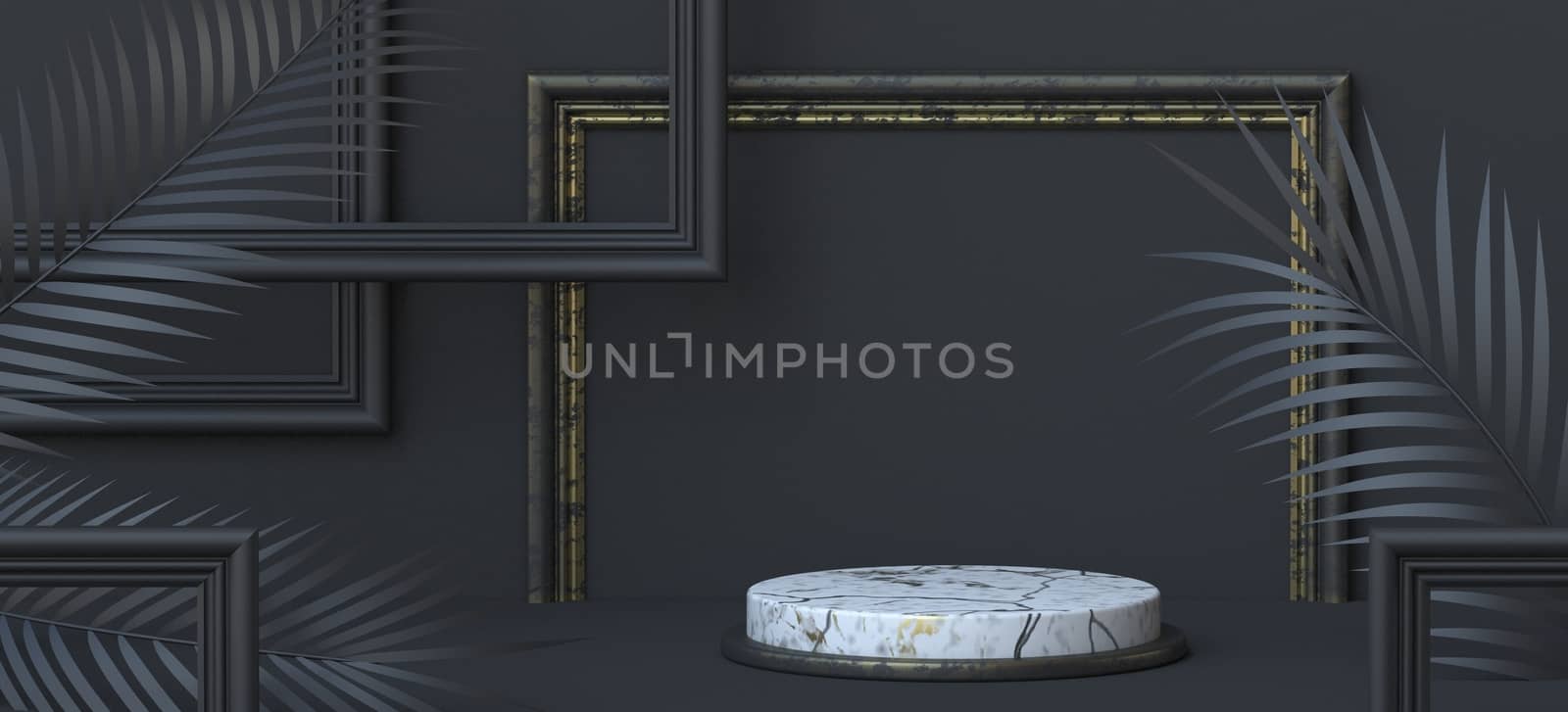 Abstract background white marble podium, black picture frame and tropical leafs 3D render illustration on black background
