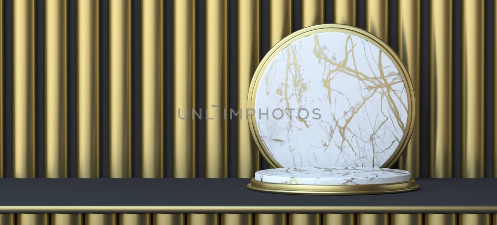 Abstract background white marble circle 3D render illustration on golden black striped background