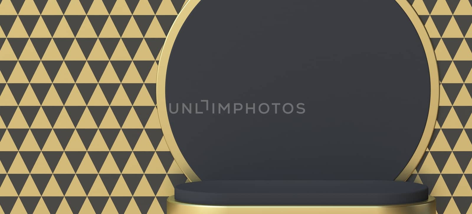 Abstract background black circle with golden frame 3D render illustration on black and golden triangles pattern background