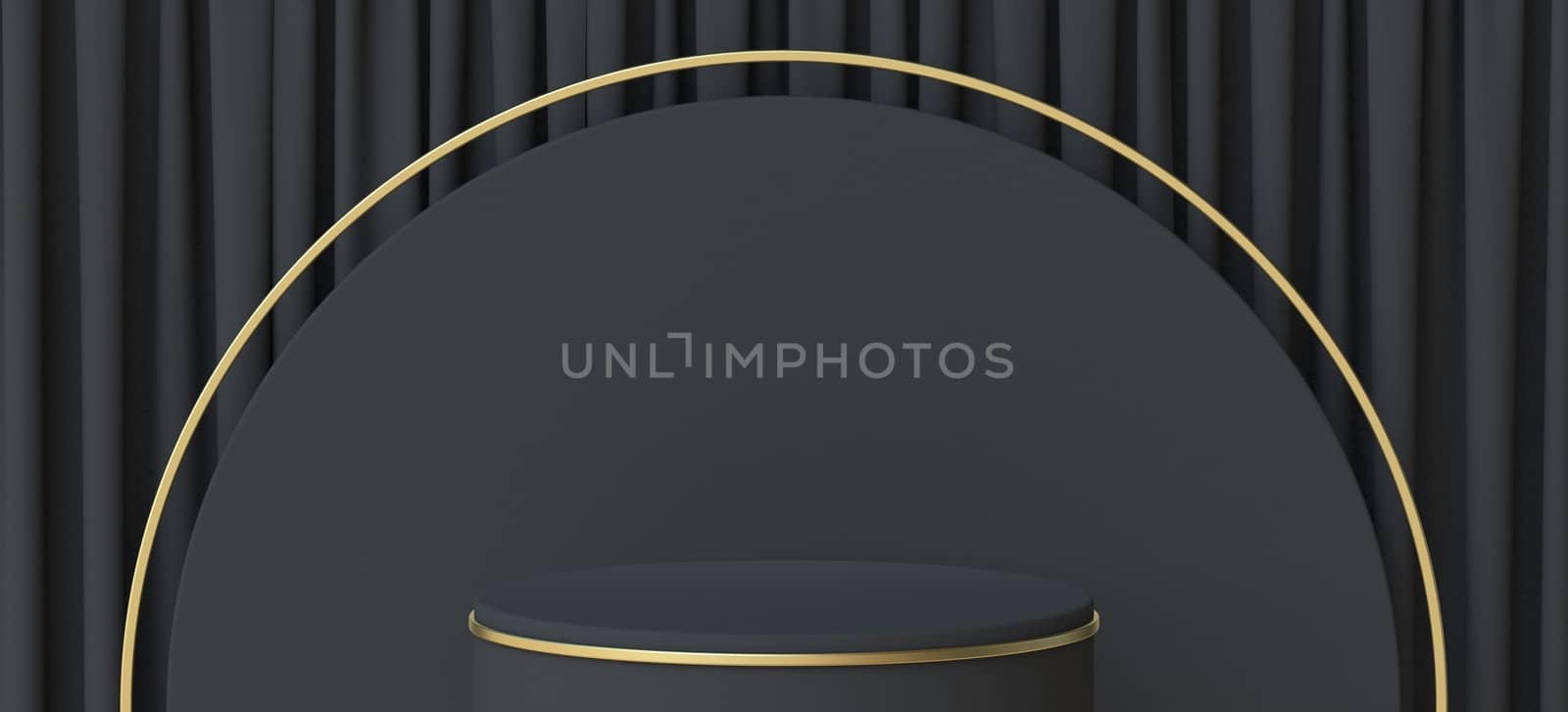 Abstract background black podium with golden border 3D render illustration on black background