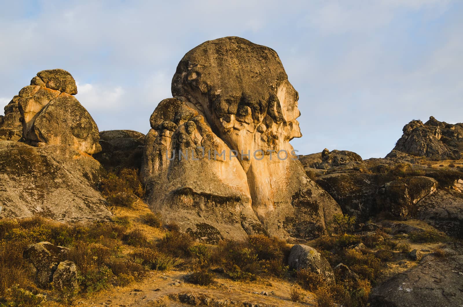 Marcahuasi, Peru Monument to Humanity : a stone face keep an eye on strangers. Human work or whim of nature 