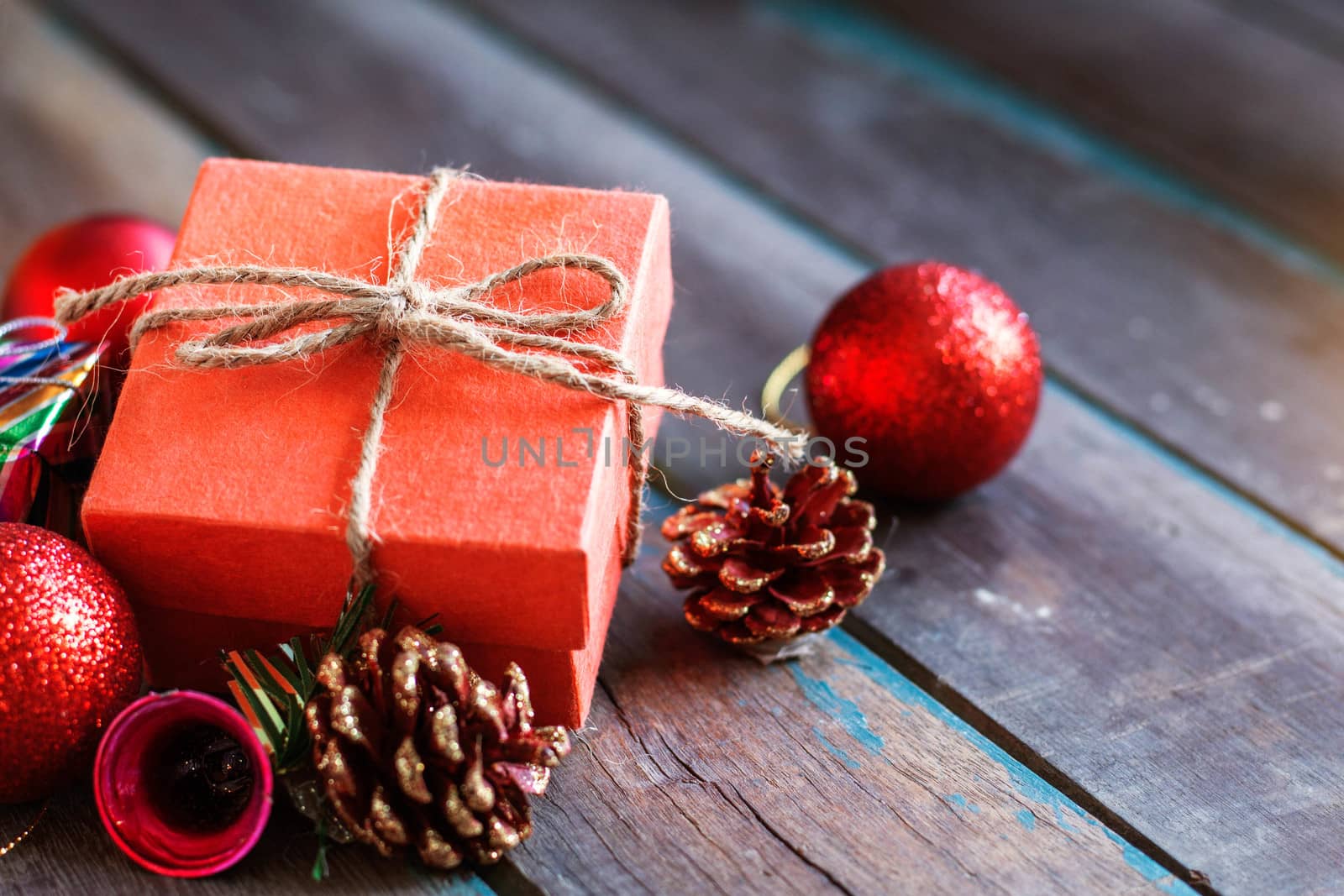 Gift and decoration on a wooden table.