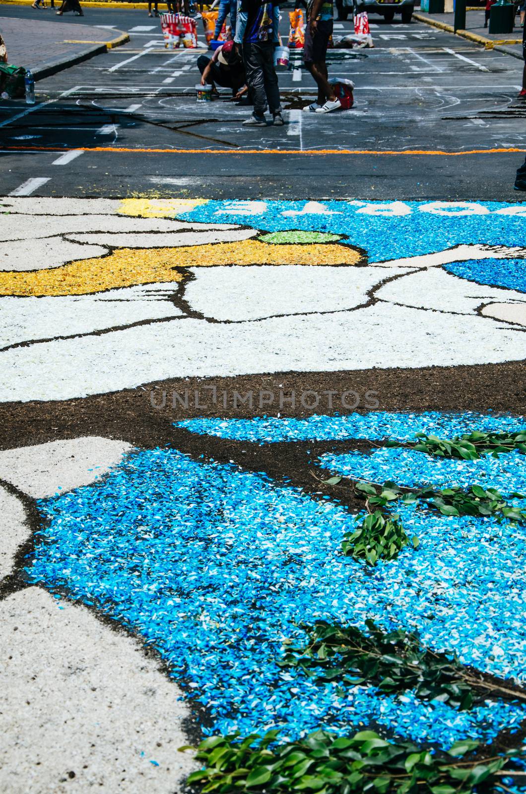 Preparation of floral carpets in the Holy Week or Easter Week in Lima - Peru