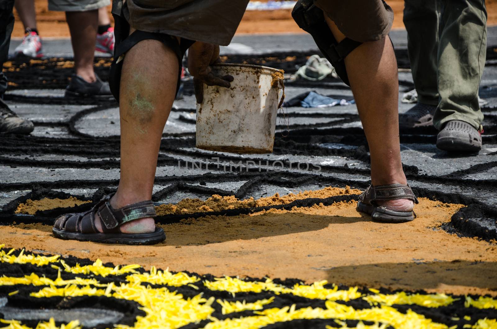 Preparation of floral carpets in the Holy Week or Easter Week in Lima - Peru