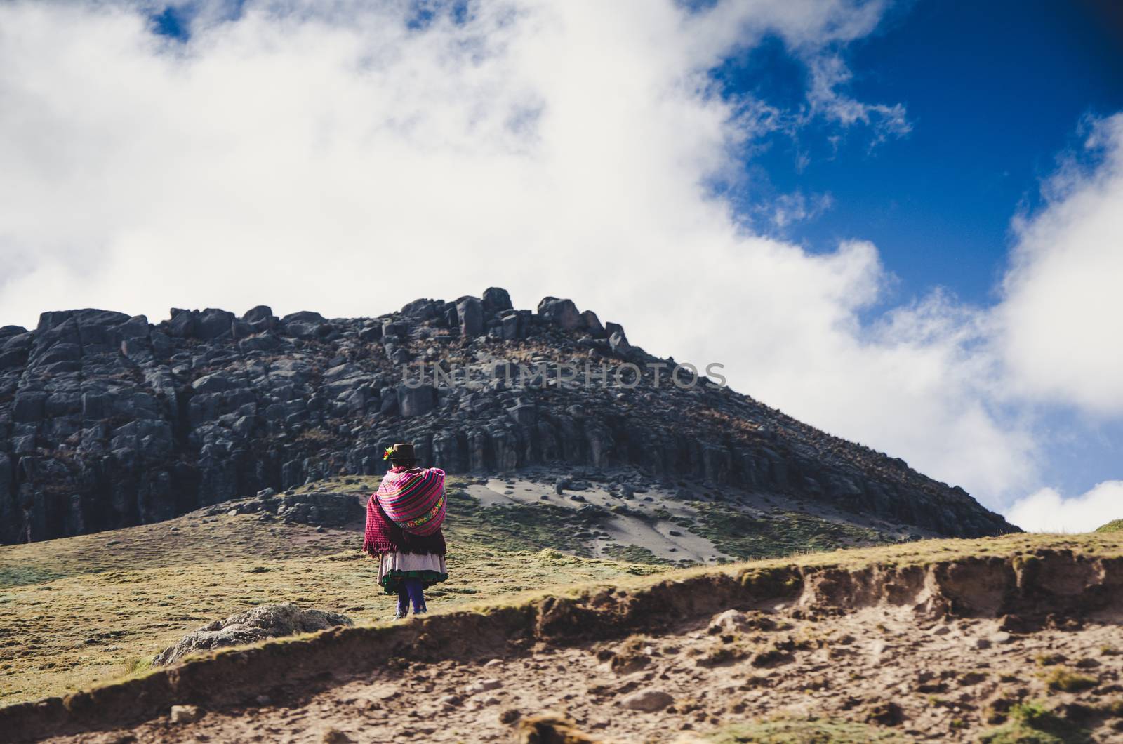 Lone peruvian woman walking in south american Andes
