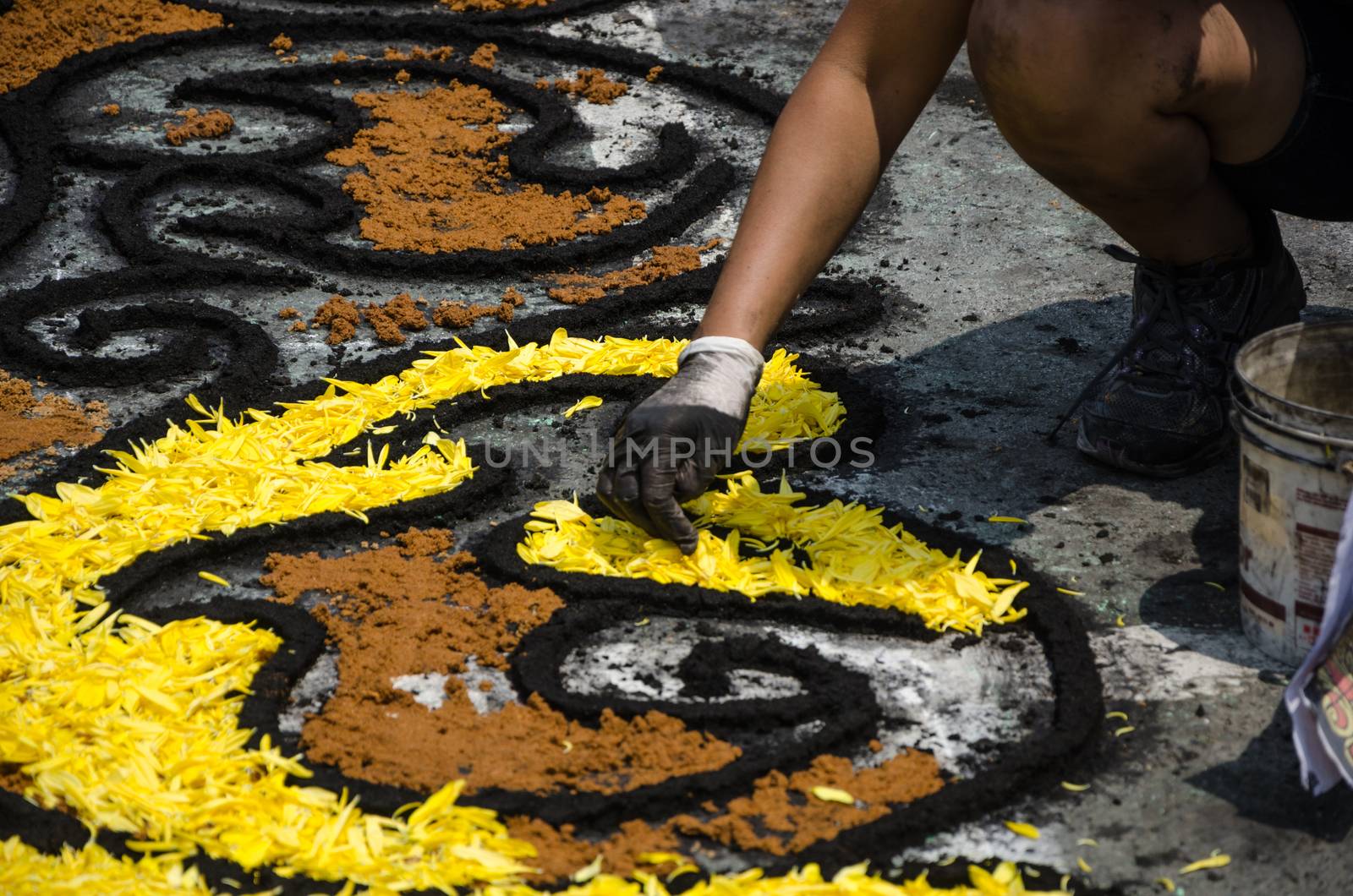 Preparation of floral carpets in the Holy Week or Easter Week in Lima - Peru