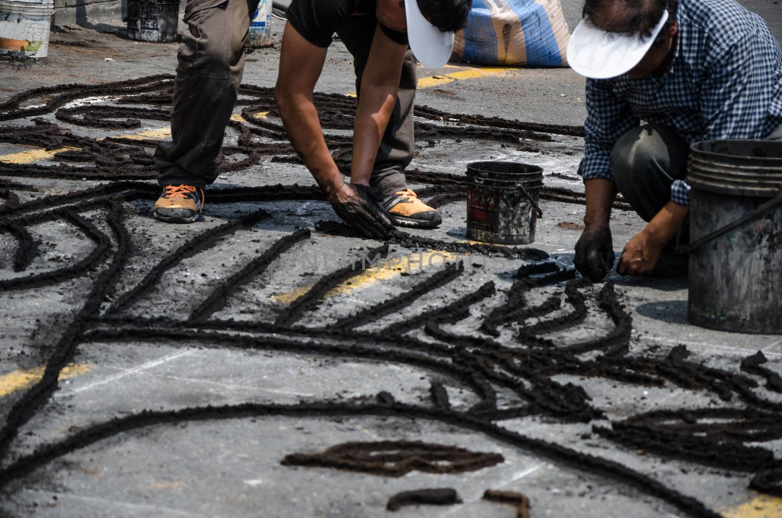 Preparation of floral carpets in the Holy Week or Easter Week in Lima - Peru