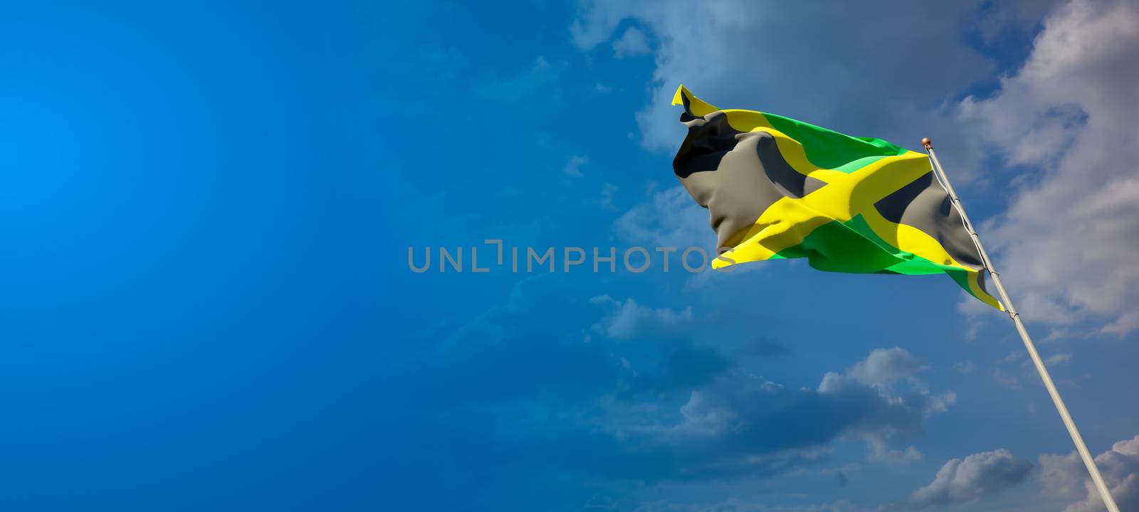 Beautiful national state flag of Jamaica with blank space on wide background with place for text 3D artwork.