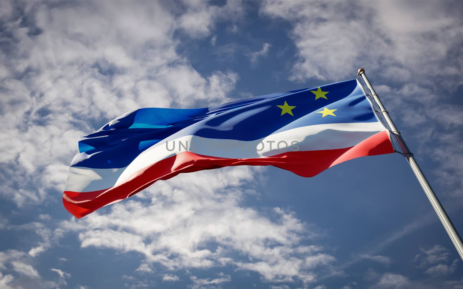 Beautiful national state flag of Gagauzia fluttering at sky background. Low angle close-up Gagauzia flag 3D artwork.