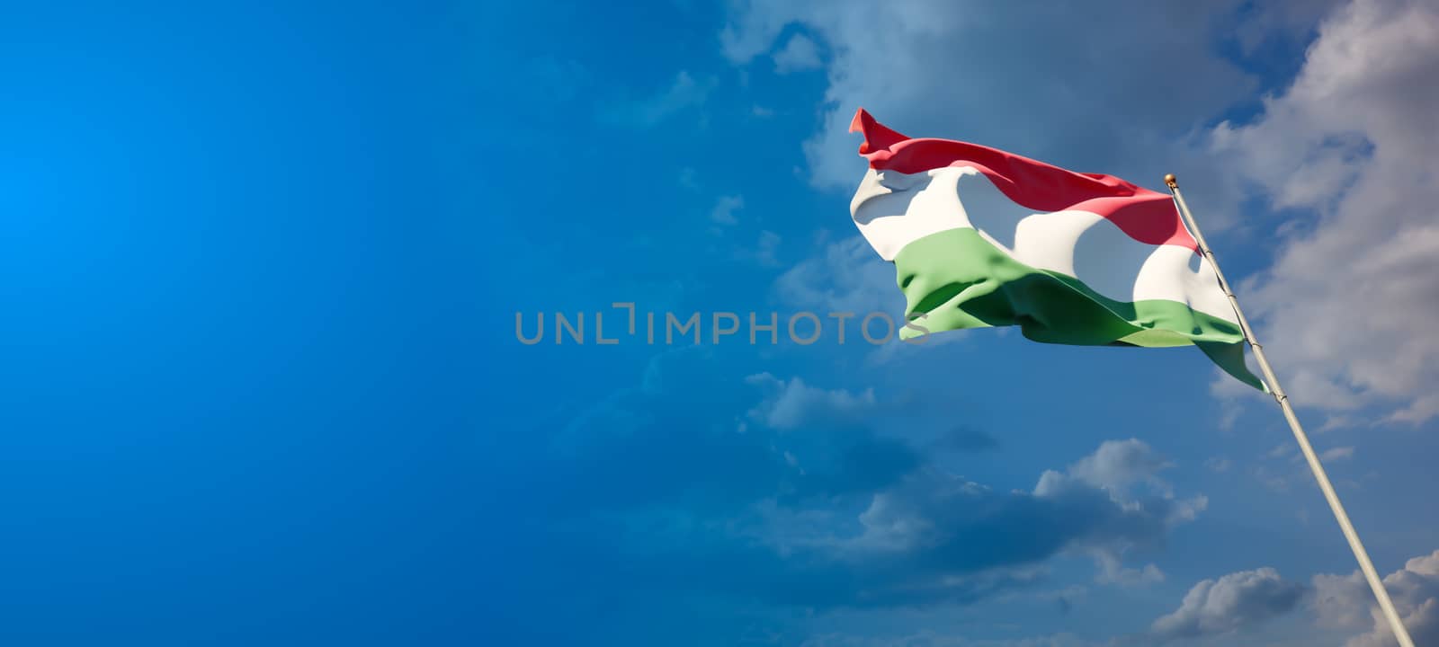 Beautiful national state flag of Hungary with blank space on wide background with place for text 3D artwork.
