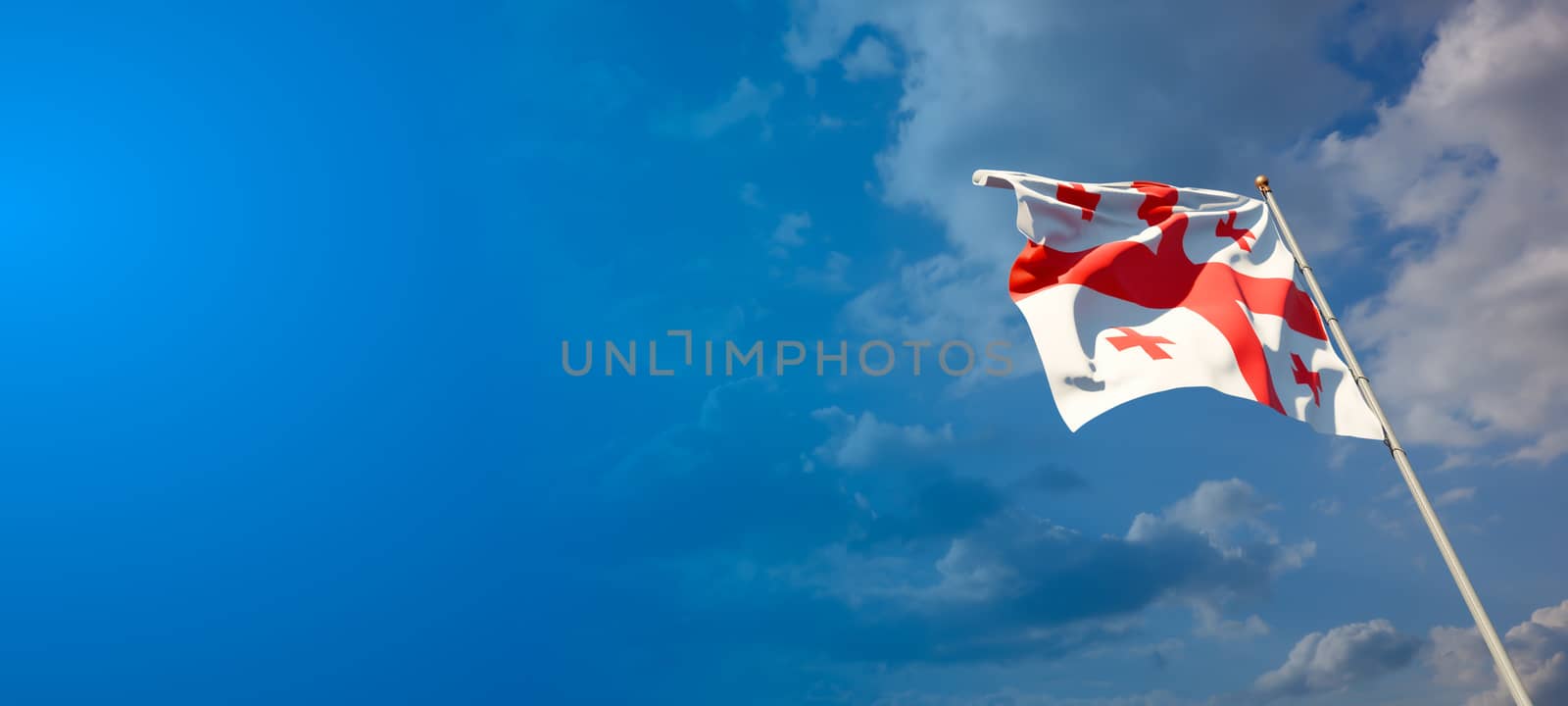 Beautiful national state flag of Georgia with blank space on wide background with place for text 3D artwork.