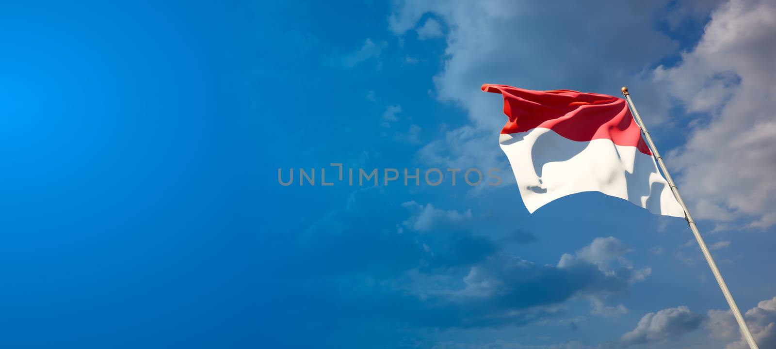 Beautiful national state flag of Monaco with blank space on wide background with place for text 3D artwork.