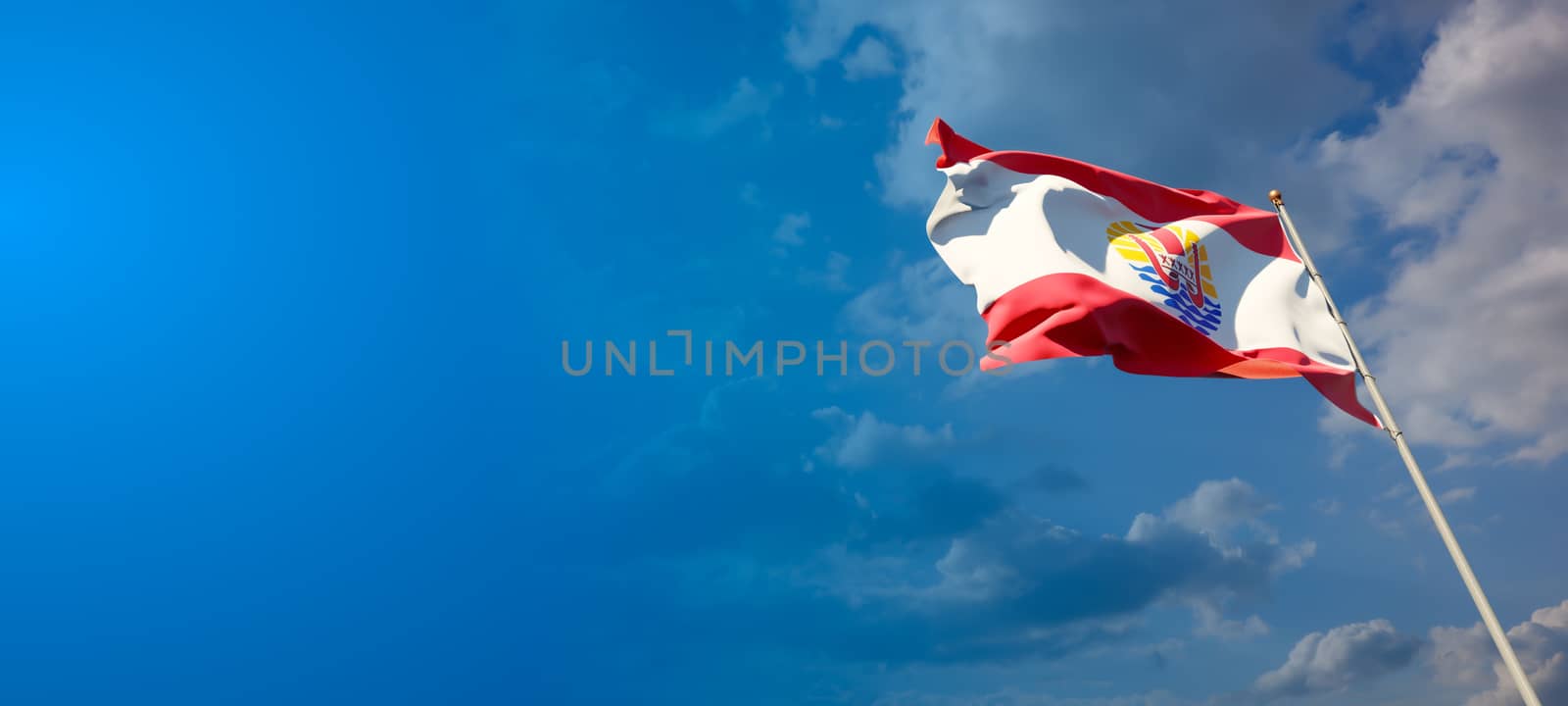 Beautiful national state flag of Polynesia with blank space on wide background with place for text 3D artwork.