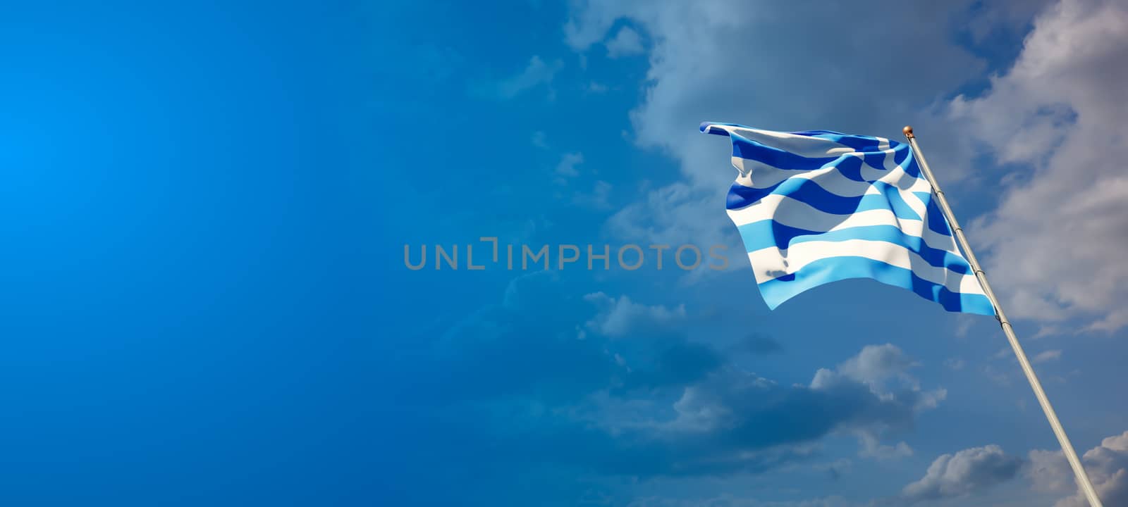 Beautiful national state flag of Greece with blank space on wide background with place for text 3D artwork.