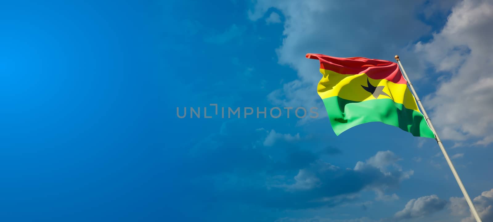 Beautiful national state flag of Ghana with blank space on wide background with place for text 3D artwork.