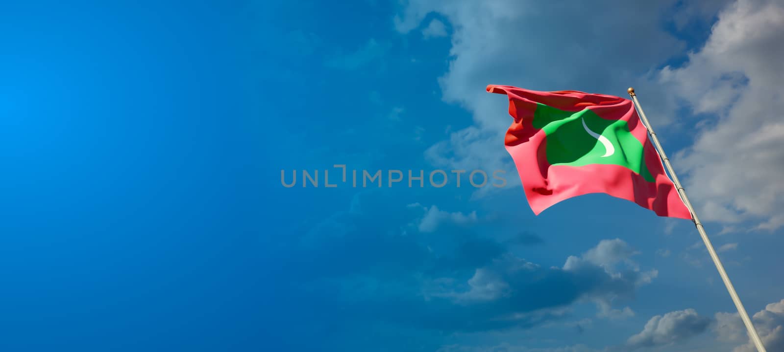 Beautiful national state flag of Maldives with blank space on wide background with place for text 3D artwork.