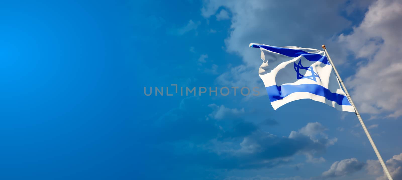 Beautiful national state flag of Israel with blank space on wide background with place for text 3D artwork.