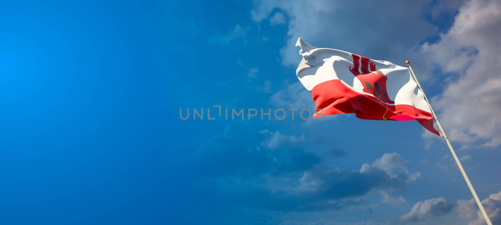 Beautiful national state flag of Gibraltar with blank space on wide background with place for text 3D artwork.