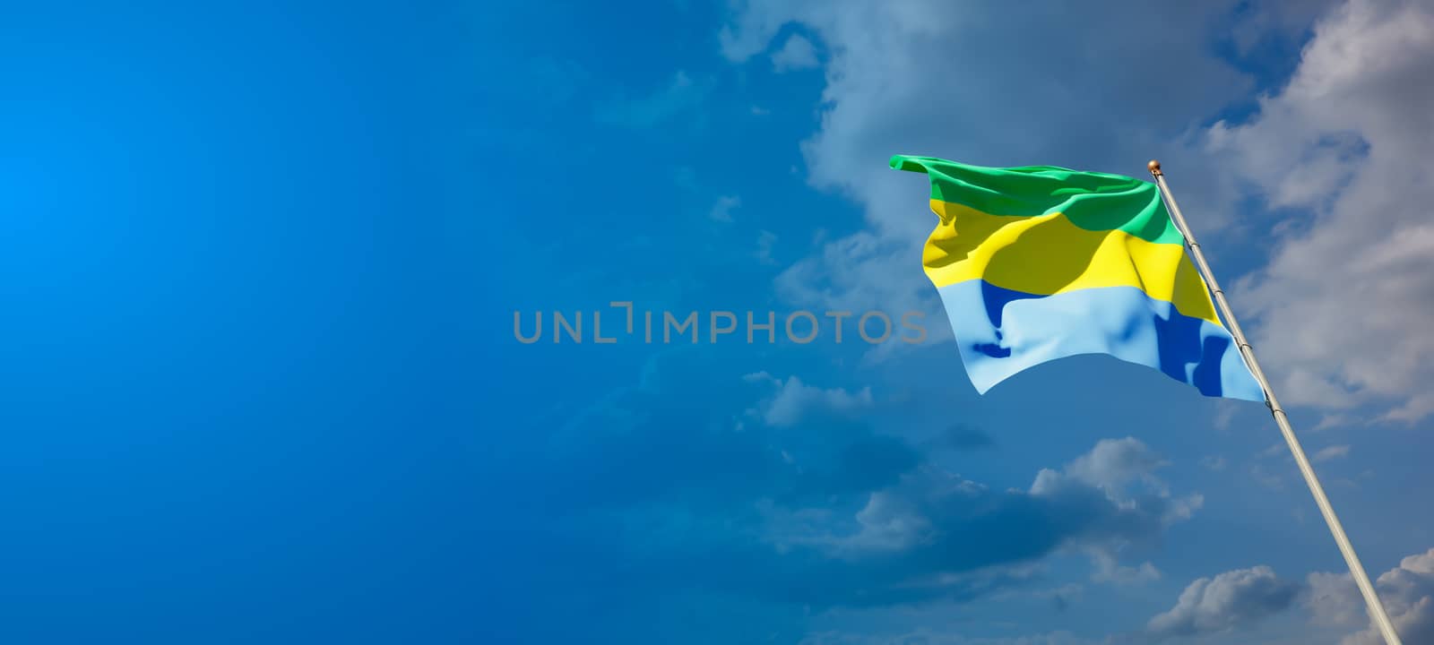 Beautiful national state flag of Gabon with blank space on wide background with place for text 3D artwork.