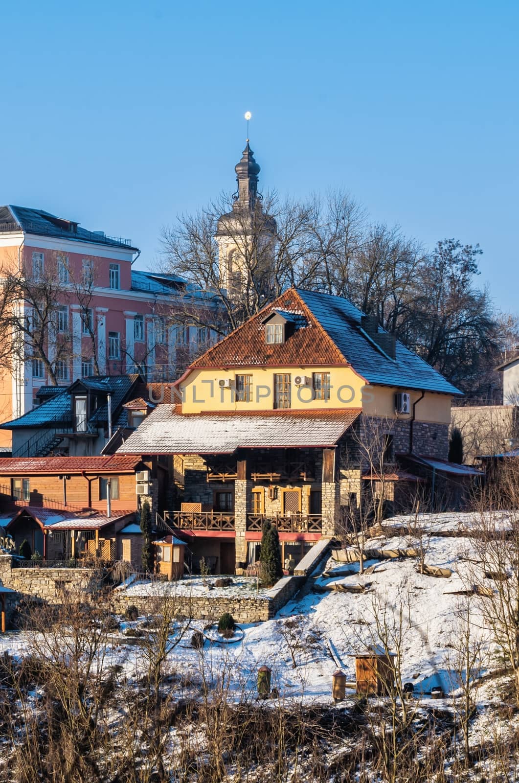 Kamianets-Podilskyi, Ukraine 01.07.2020. Kamianets-Podilskyi old town in the early sunny winter morning