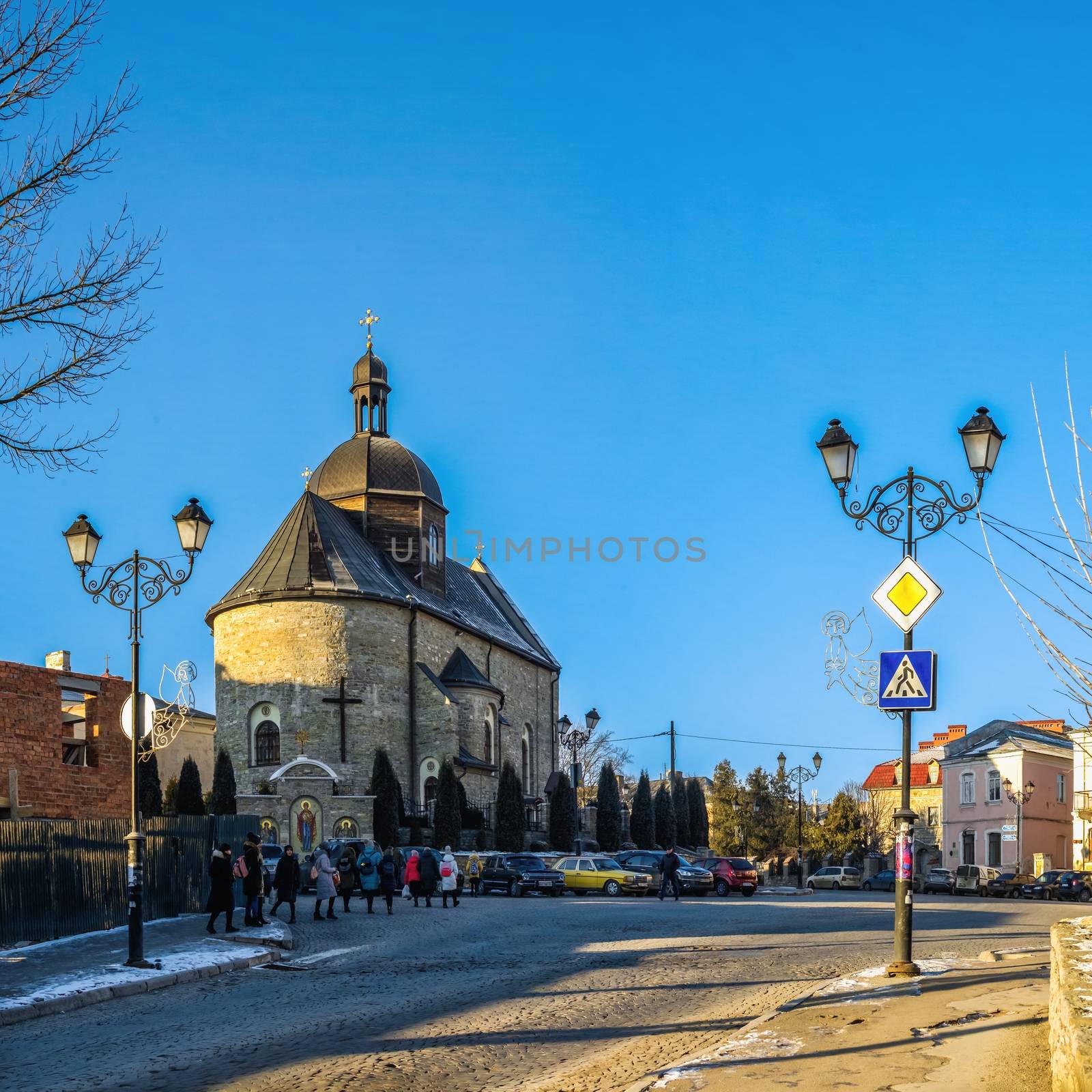 Kamianets-Podilskyi, Ukraine 01.07.2020. Trinity Church in Kamianets-Podilskyi historical centre on a sunny christmas winter morning