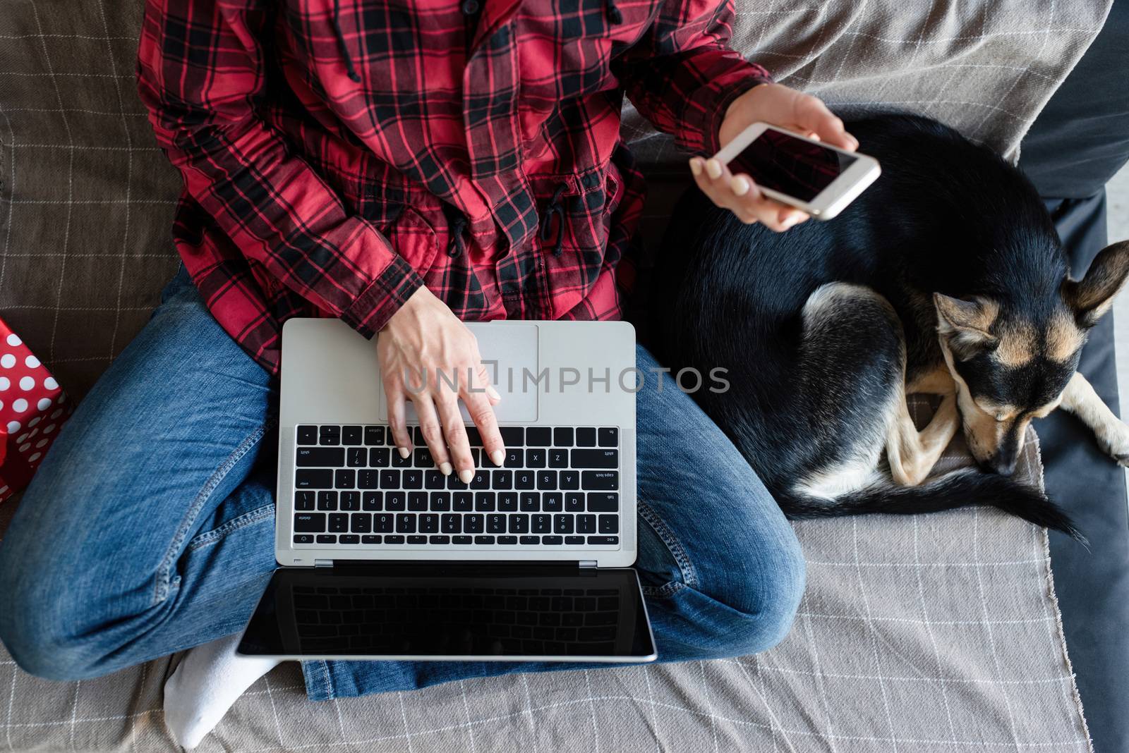 Chhristmas online greetings. young blond woman in santa hat working on laptop sitting on the couch