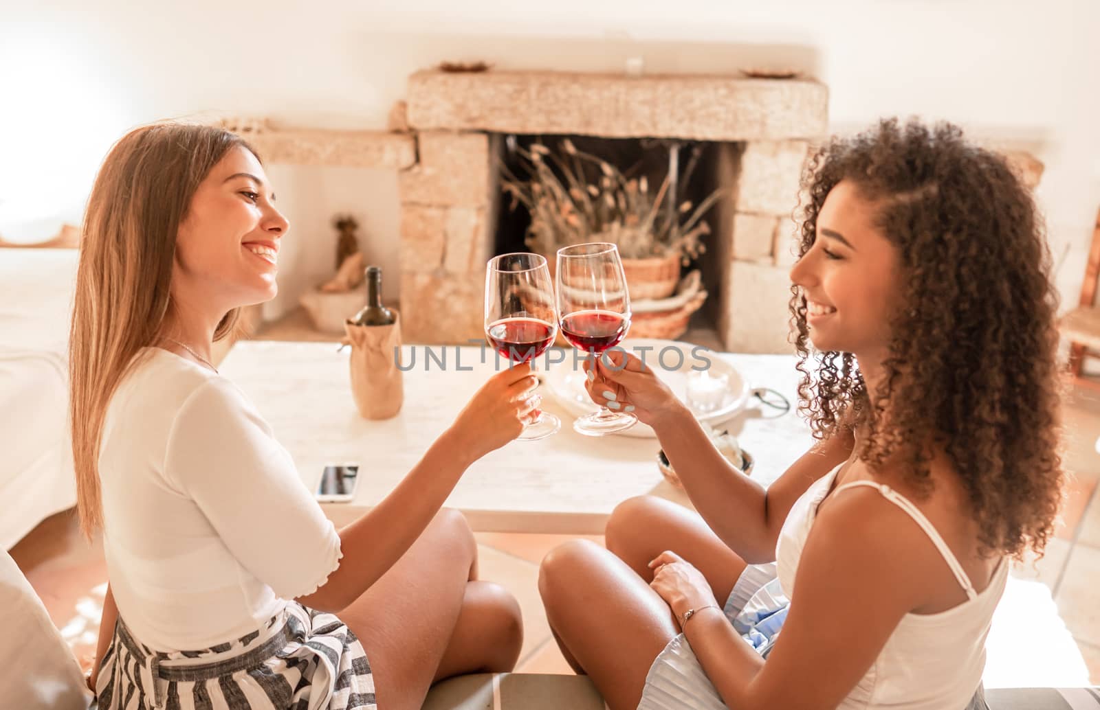Two young mixed race beautiful women toasting at home with red wine glasses - Smiling female couple of friends sitting on sofa looking each other in eyes celebrating diversity in elegant living room