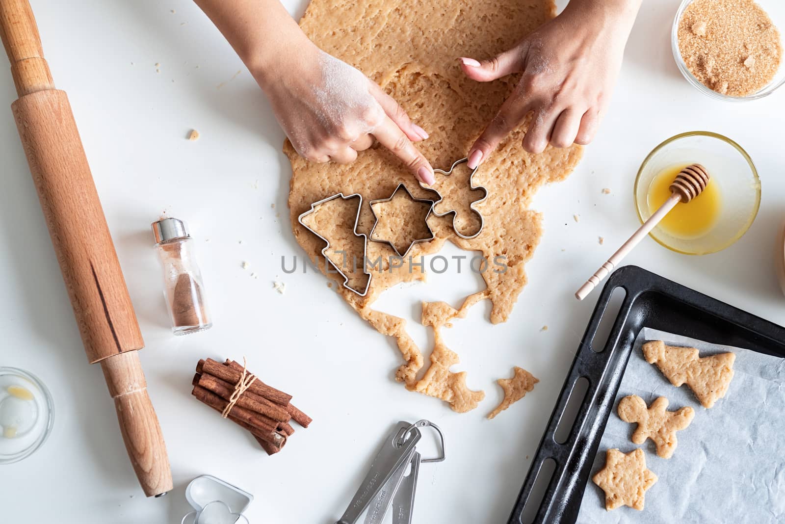 Cooking and baking. woman hands baking cookies at the kitchen, flat lay